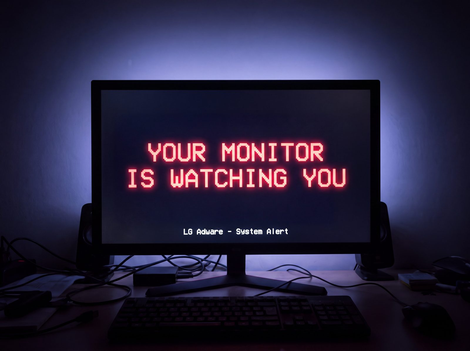 An LG monitor in a dark room showing red pixel text: YOUR MONITOR IS WATCHING YOU. LG Adware, System Alert.