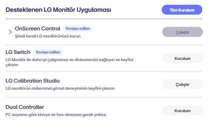 A close crop of the installer's app list: OnScreen Control, LG Switch, LG Calibration Studio and Dual Controller, with Install and Run buttons and an Install All button.
