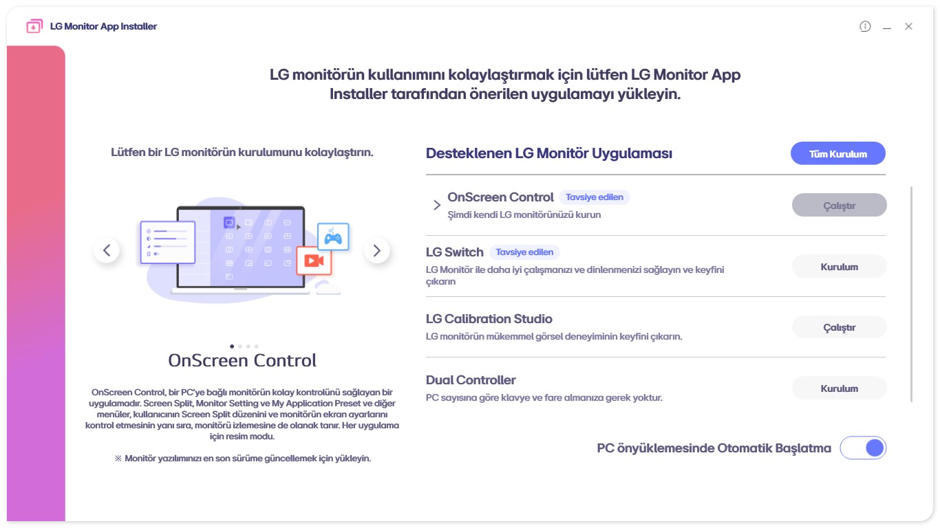 The LG Monitor App Installer window: a list of four LG apps with Install buttons, an Install All button, and a toggle labelled PC önyüklemesinde Otomatik Başlatma switched on.
